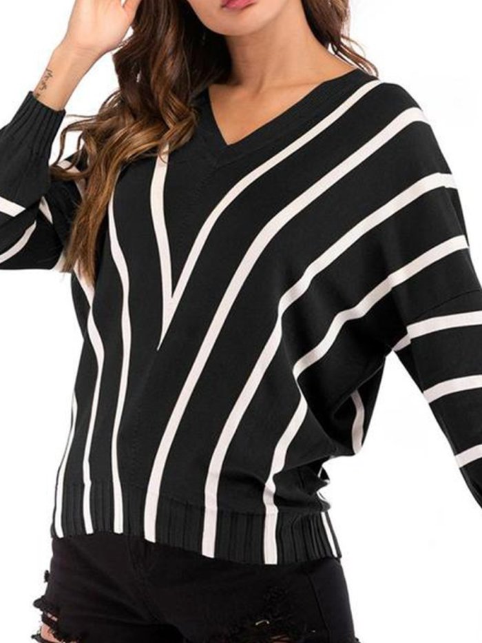 V  Neck  Striped  Basic Sweaters