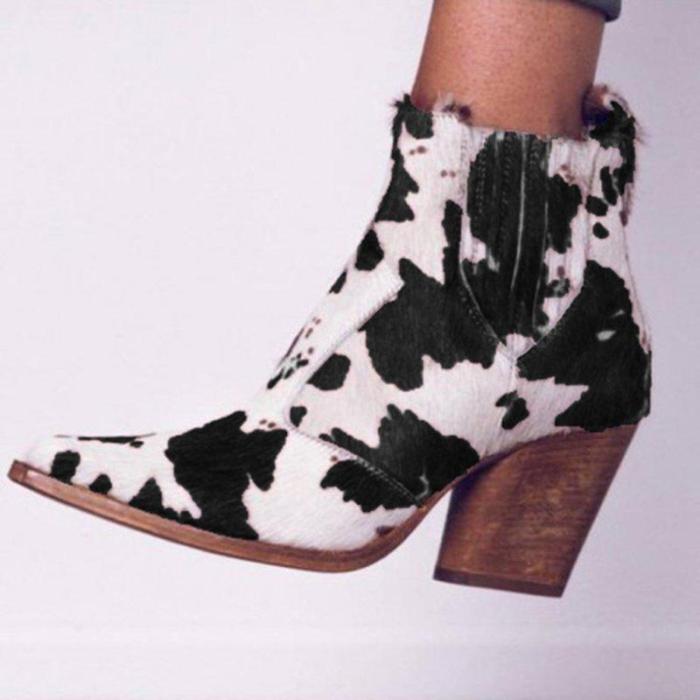 Leopard PU artificial leather chunky heel boots