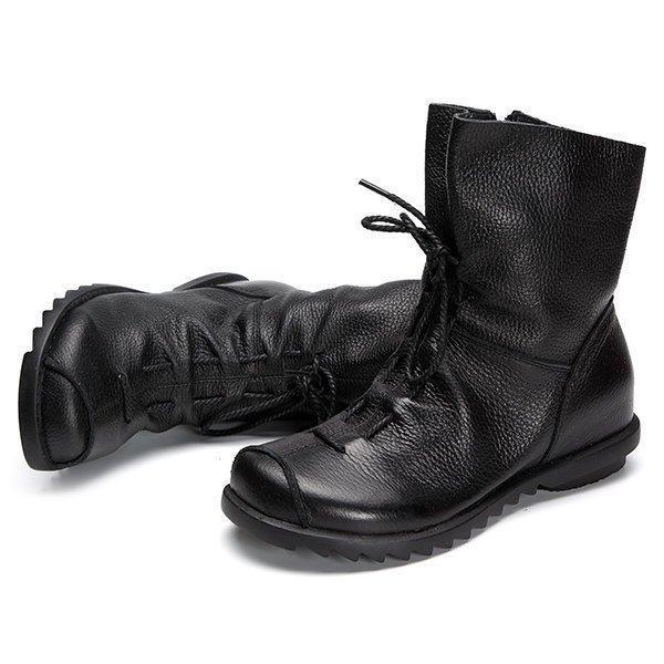 Big Size Pure Color Lace Up Ankle Leather Comfortable Zipper Boots