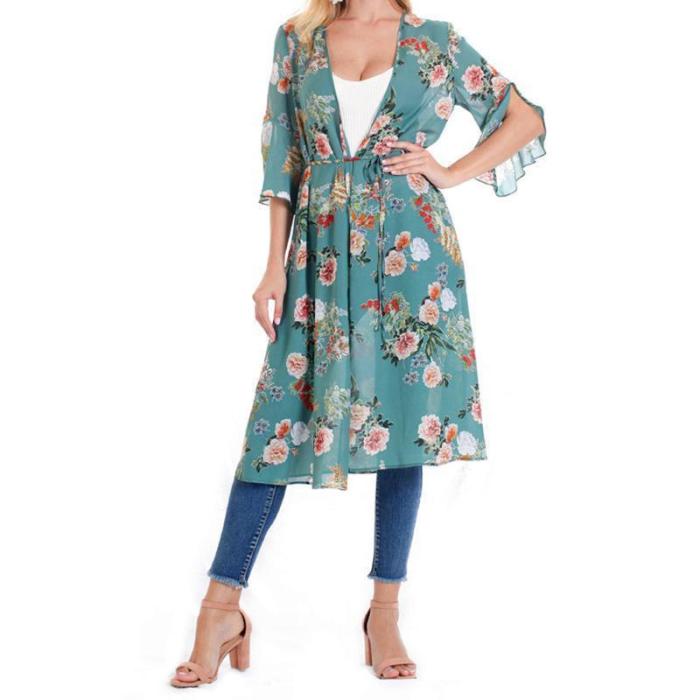 Female European And American Printed Chiffon Bat Sun Protective Cardigan