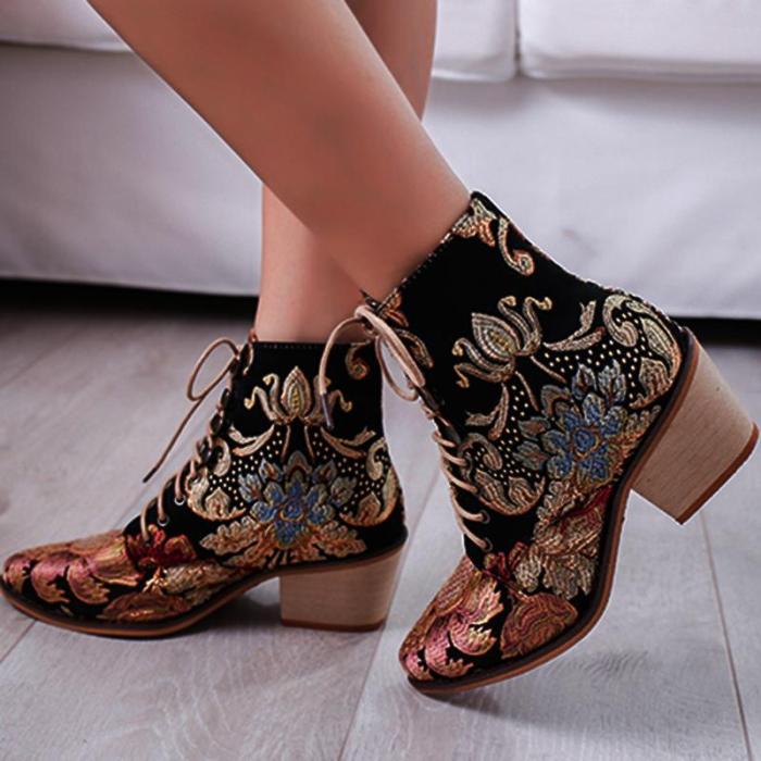 Vintage Embroidered High Heel Thick with pointed toe ankle boots