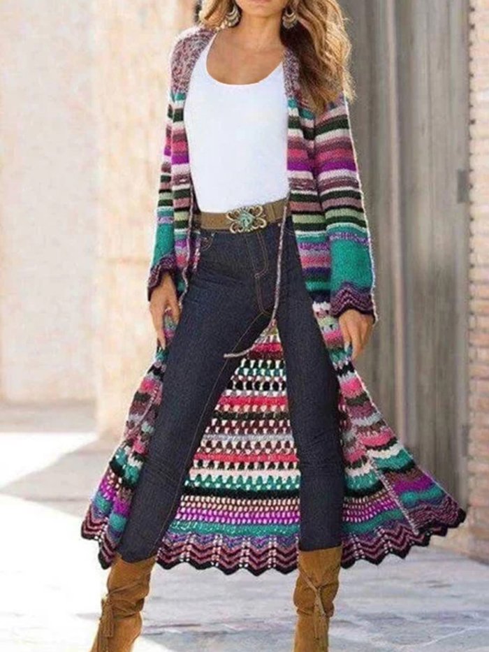 Long Sleeve Knitted Color-Block Vintage Shift Cardigan