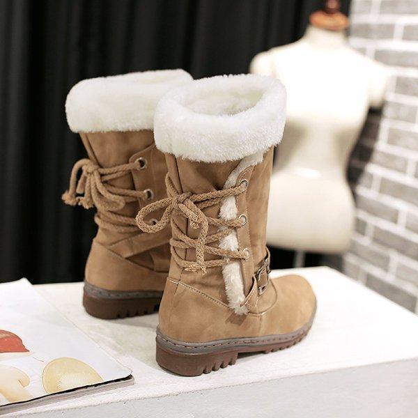 Womens Snow Boots Buckle Fur Lining Mid Calf Flat Boots