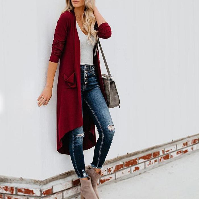 Casual Long Sleeve Pure Color High-Low Cardigan