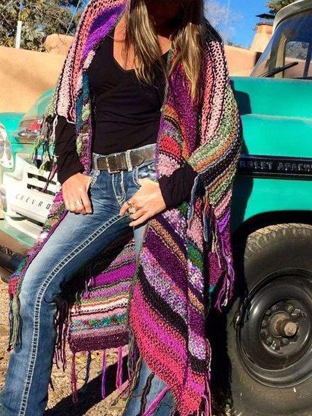 Color-block Long Sleeve Tassel Knitted Outerwear