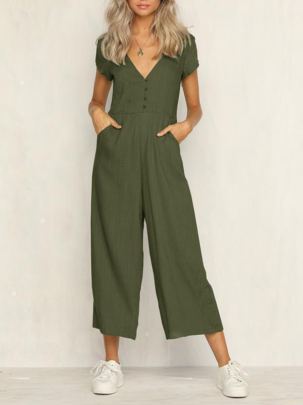 Casual Button Short Sleeve Jumpsuit