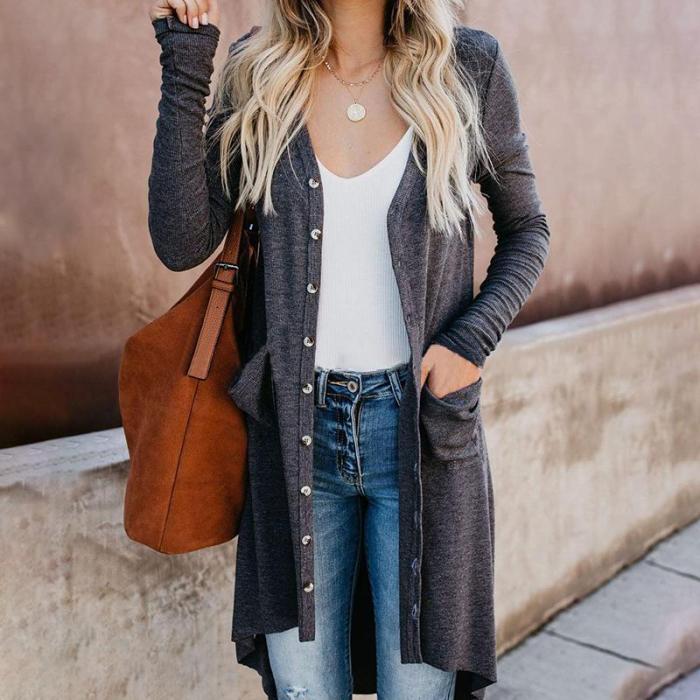 Casual Long Sleeve Pure Color High-Low Cardigan