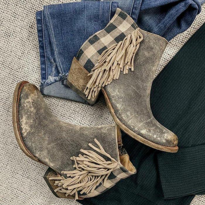Taupe Chunky Heel Faux Leather All Season Tassel Boots