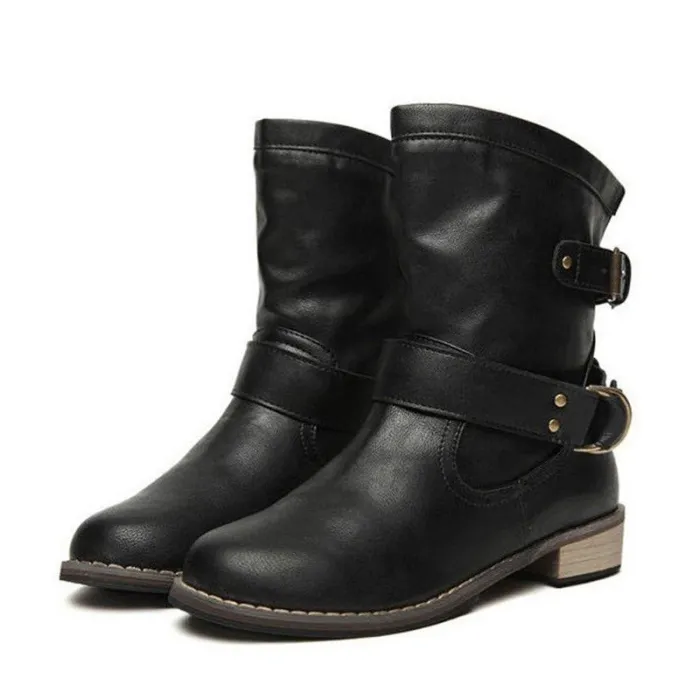 Buckle Strap Boots Women Mid-Calf Shoes