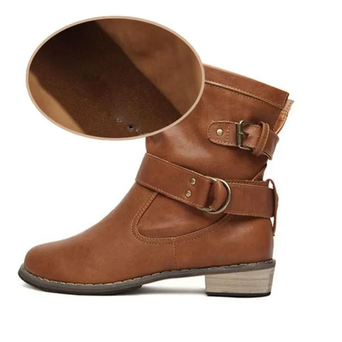 Buckle Strap Boots Women Mid-Calf Shoes