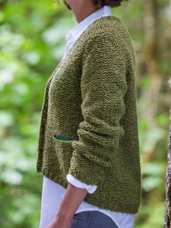 Casual Plain Knitted V-neck Long Sleeve Buttoned Sweater