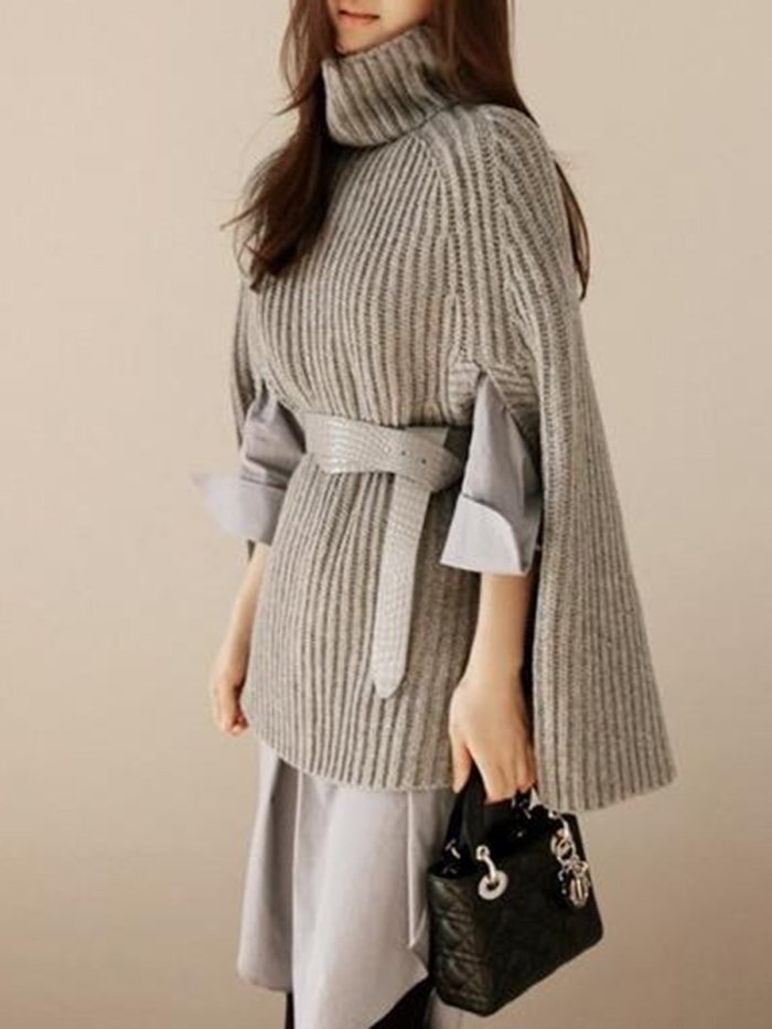 Turtleneck Slit Solid Knitted Casual Cape Sleeve Sweater