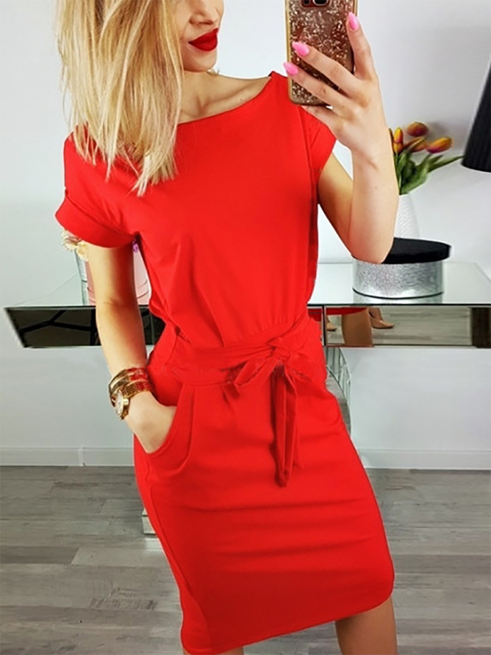 Crew Neck  Lace-Up  Belt Belt Loops Bust Darts  Plain  Roll-Up Sleeve Bodycon Dresses