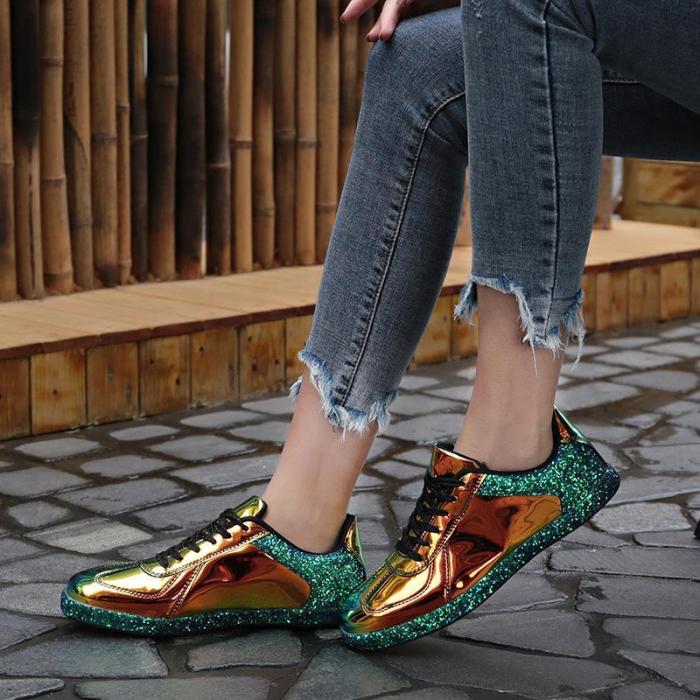 Euramerican Style Lace-Up Low-Top Metal Sneakers