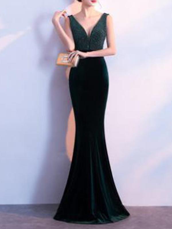 Elegant Fishtail V Collar Sexy Evening Dress