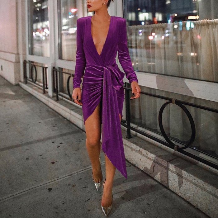 Sexy Deep V Neck Belt Tie Irregular Mini Bodycon Dress