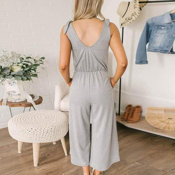Casual V Neck Sleeveless Pure Colour Pleated Jumpsuit