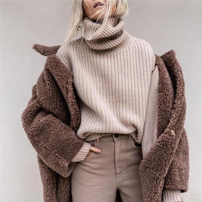 Women's High Collar Solid Color Knit Top