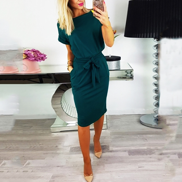Crew Neck  Lace-Up  Belt Belt Loops Bust Darts  Plain  Roll-Up Sleeve Bodycon Dresses
