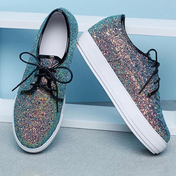 Casual Brisk Paillette Lace-Up Wedges Heels Sneakers