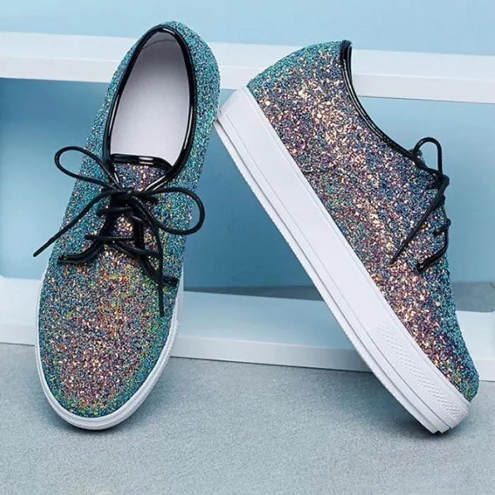 Casual Brisk Paillette Lace-Up Wedges Heels Sneakers