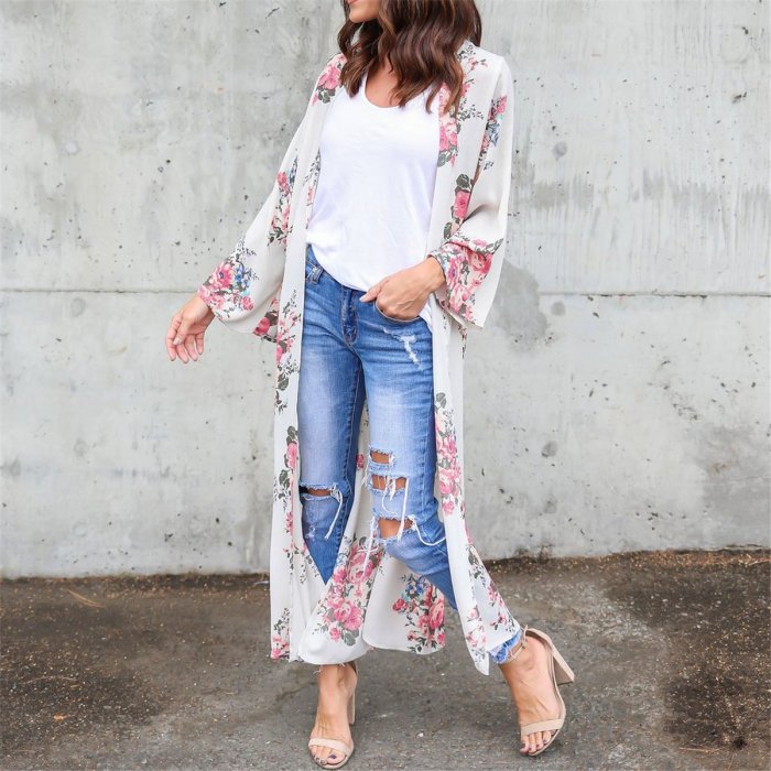 2019 Floral Printed Loose Beach Long Cardigan