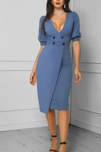 Fashion Double-Breasted Pure Colour V Neck Bodycon Dresses
