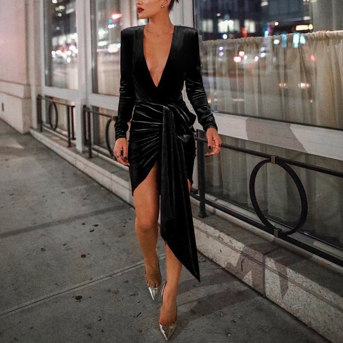 Sexy Deep V Neck Belt Tie Irregular Mini Bodycon Dress