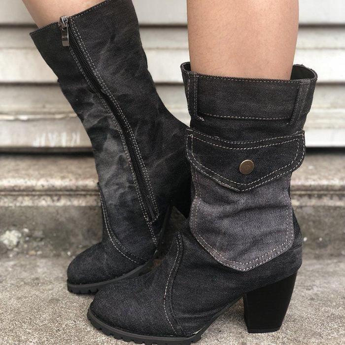 Mid-rise chunky with casual denim booties