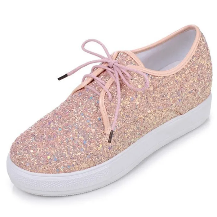 Casual Brisk Paillette Lace-Up Wedges Heels Sneakers