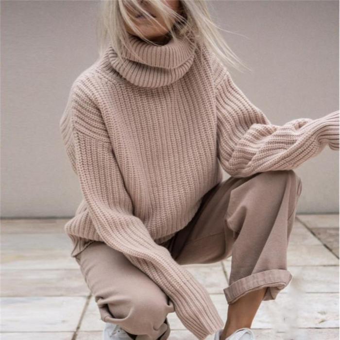 Women's High Collar Solid Color Knit Top