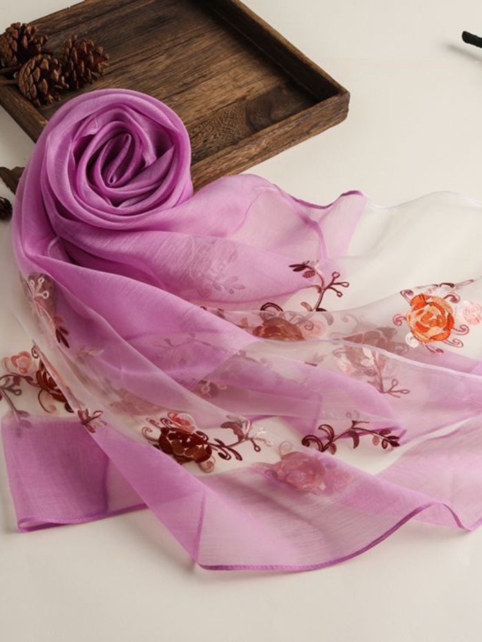 Summer Floral-Embroidered Silk-Blend Long Women Scarf