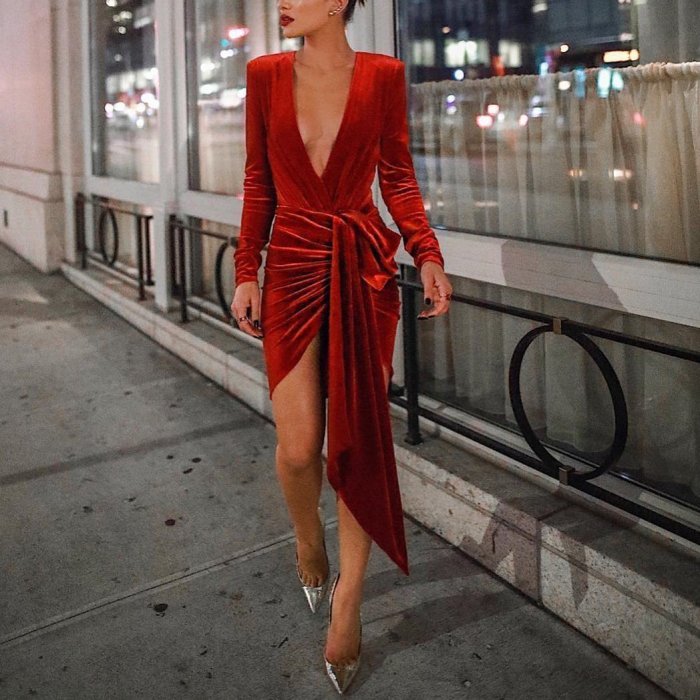 Sexy Deep V Neck Belt Tie Irregular Mini Bodycon Dress