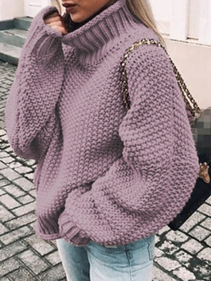 Female Roll Side High Collar Bat Sleeve Sweater