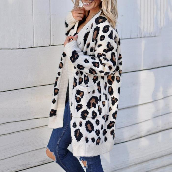 Fashion Leopard Print Pockets Loose Sweater Cardigan