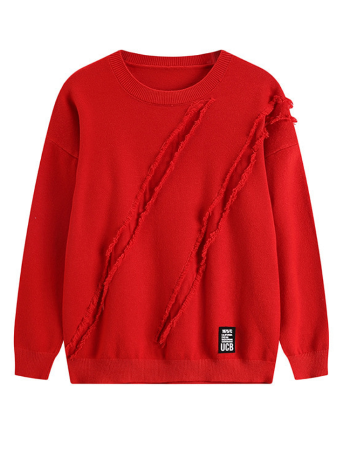 Handmade Frayed Round Neck Knitted Solid Long Sleeve Sweaters