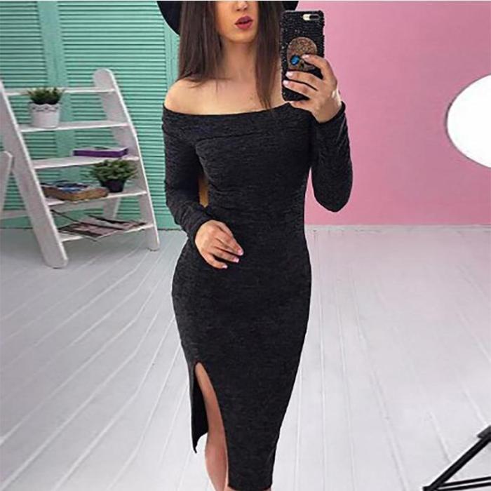 Off Shoulder  Side Slit  Bust Darts  Plain Bodycon Dresses