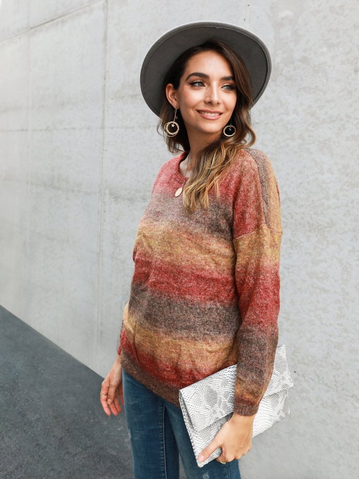 Color-Block Long Sleeve Crew Neck Work Sweaters