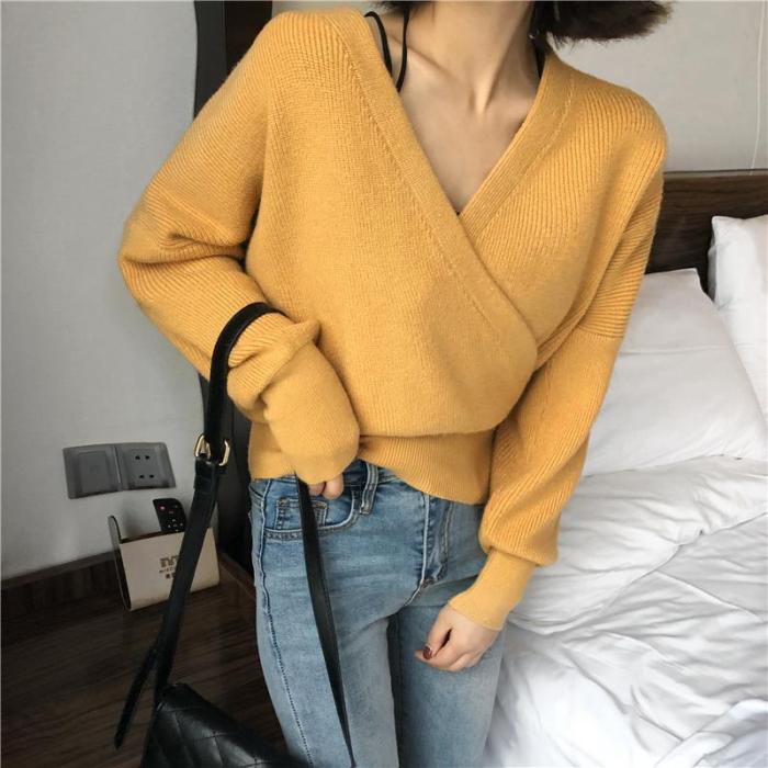 Fashion Sexy V Neck Pure Color Knitted Sweater
