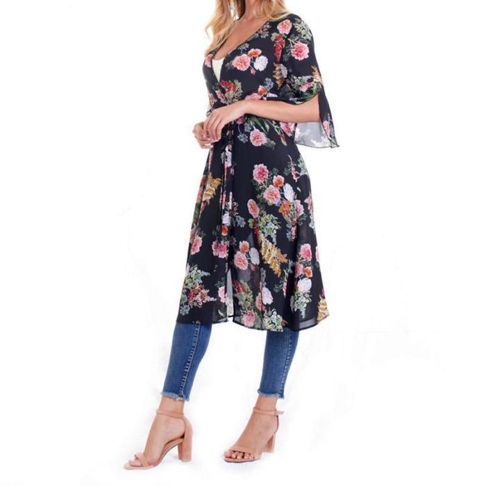 Female European And American Printed Chiffon Bat Sun Protective Cardigan