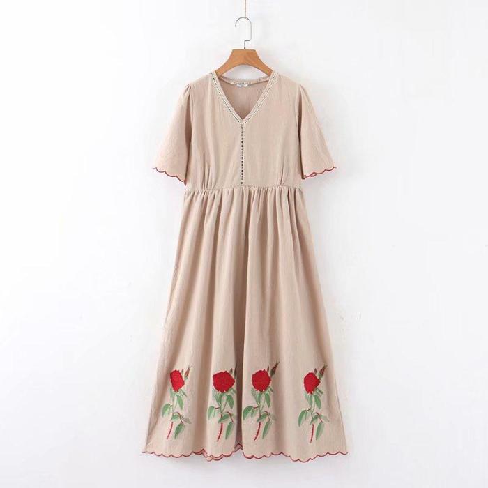 Floral embroidery short sleeve beach Bohemian linen cotton maxi dress