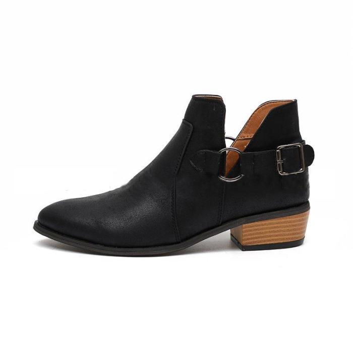Pointed Toe Buckle Decoration Chunky Heel Short Boots Adjustable Buckle Plus Size Shoes