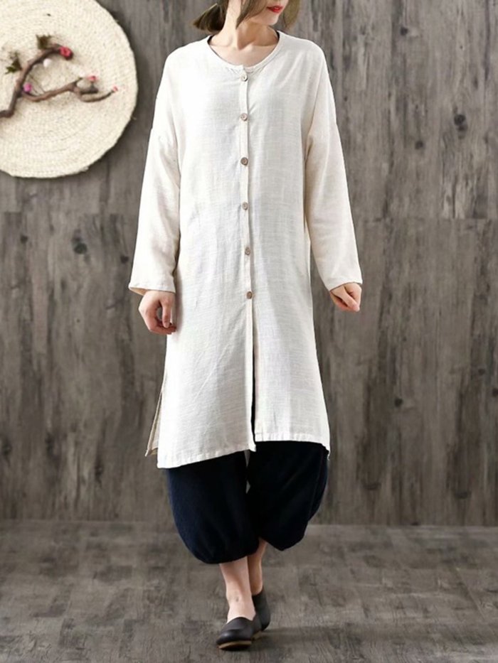 Casual Long Sleeve Solid Linen Cotton Cardigan