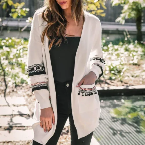 Fashion Splicing Long-Sleeved Women's Long Cardigan Sweater