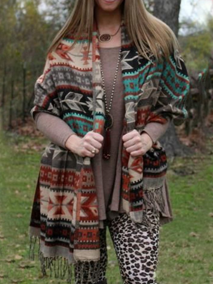Fringed Boho Geometric Knitted Scarves & Shawls
