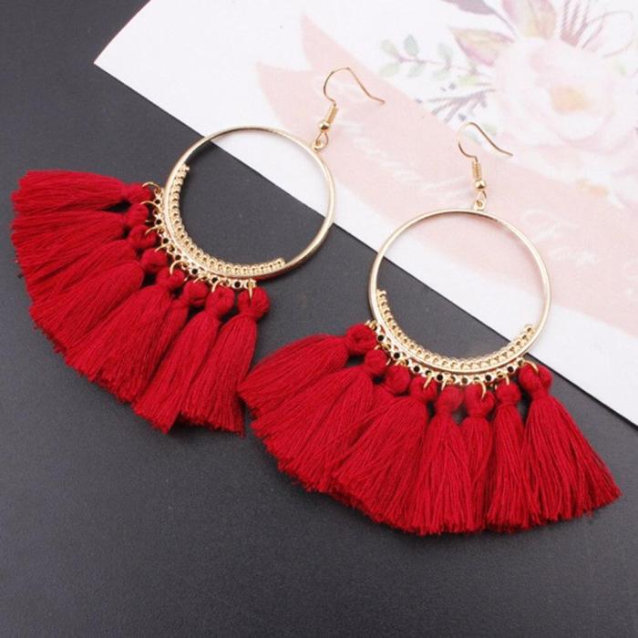 Bohemia Style Colorful Thread Tassel Pendants Big Round Hoop Earring