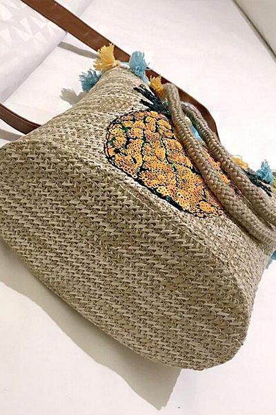 Pineapple Print Tassel Zipper Woven Straw Tote Bag