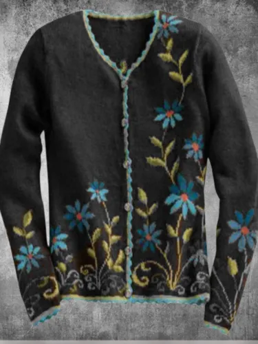 Long Sleeve Cotton-blend Crew Neck Casual Floral Vintage Knitted Cardigans