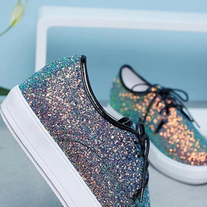 Casual Brisk Paillette Lace-Up Wedges Heels Sneakers
