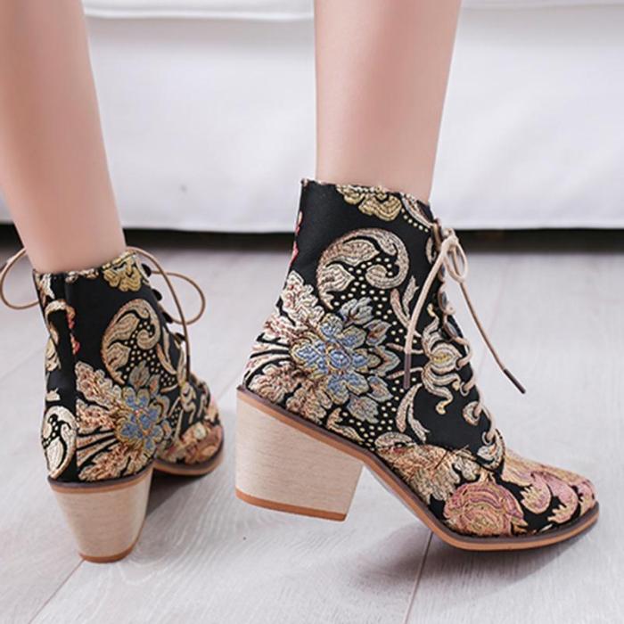Vintage Embroidered High Heel Thick with pointed toe ankle boots